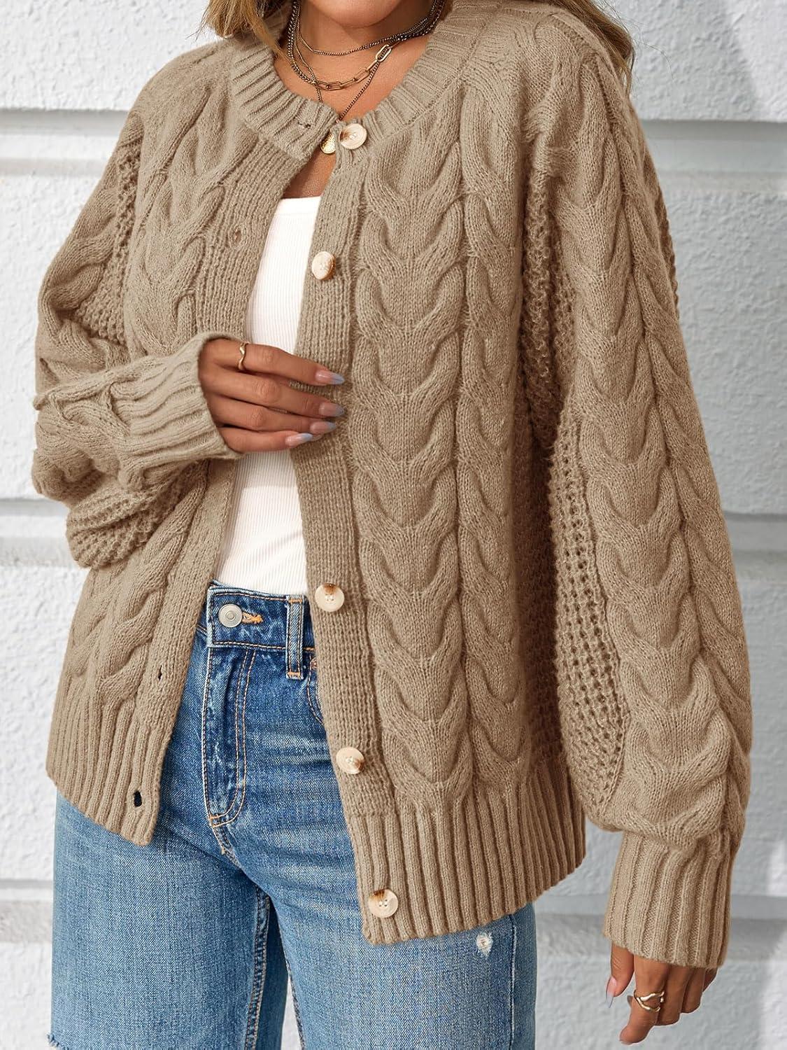 imageSaodimallsu Womens Cable Knit Cardigan Sweaters Button Up Crew Neck Long Sleeve Loose Fall Trendy Sweater CoatsKhaki