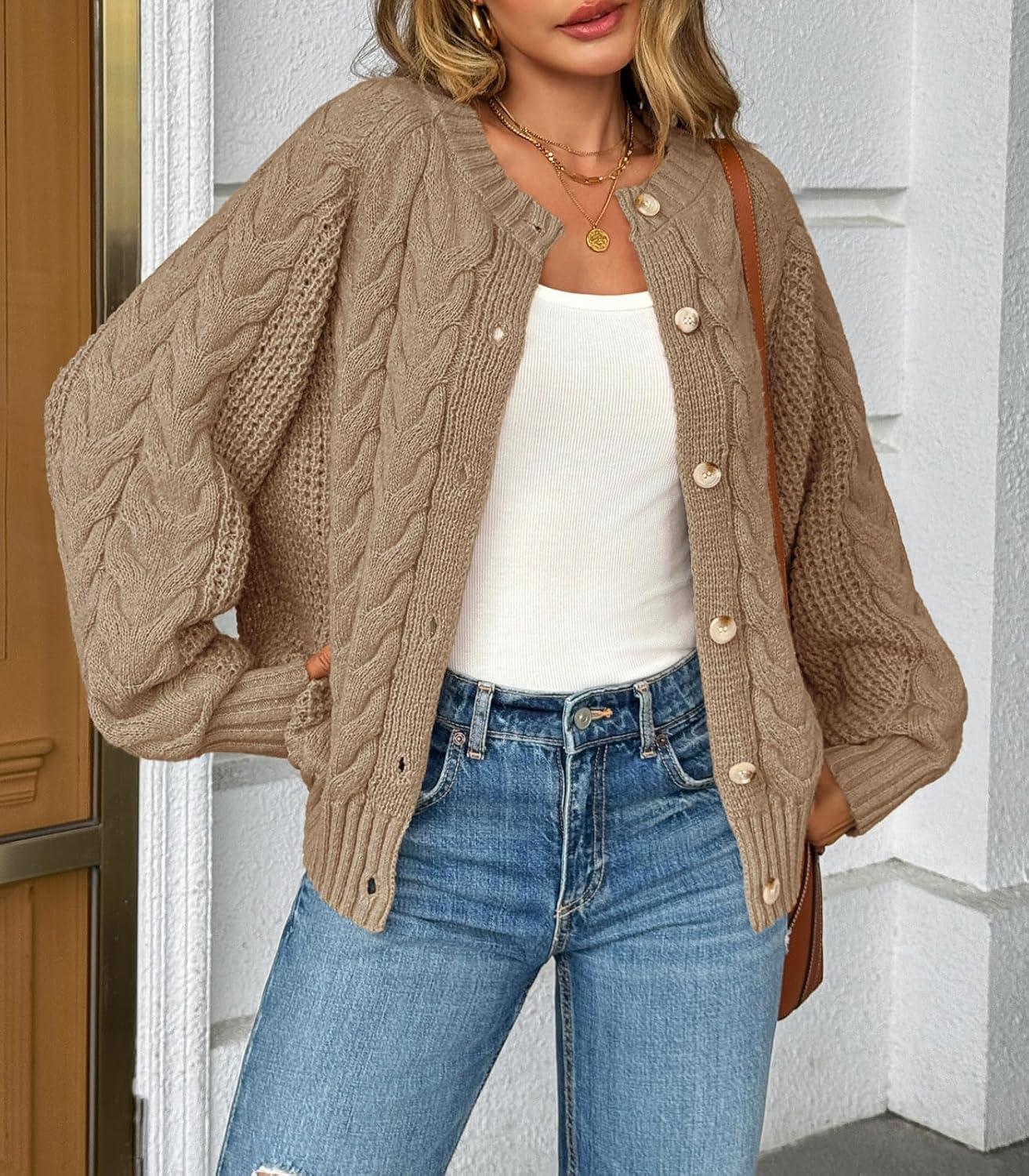 imageSaodimallsu Womens Cable Knit Cardigan Sweaters Button Up Crew Neck Long Sleeve Loose Fall Trendy Sweater CoatsKhaki