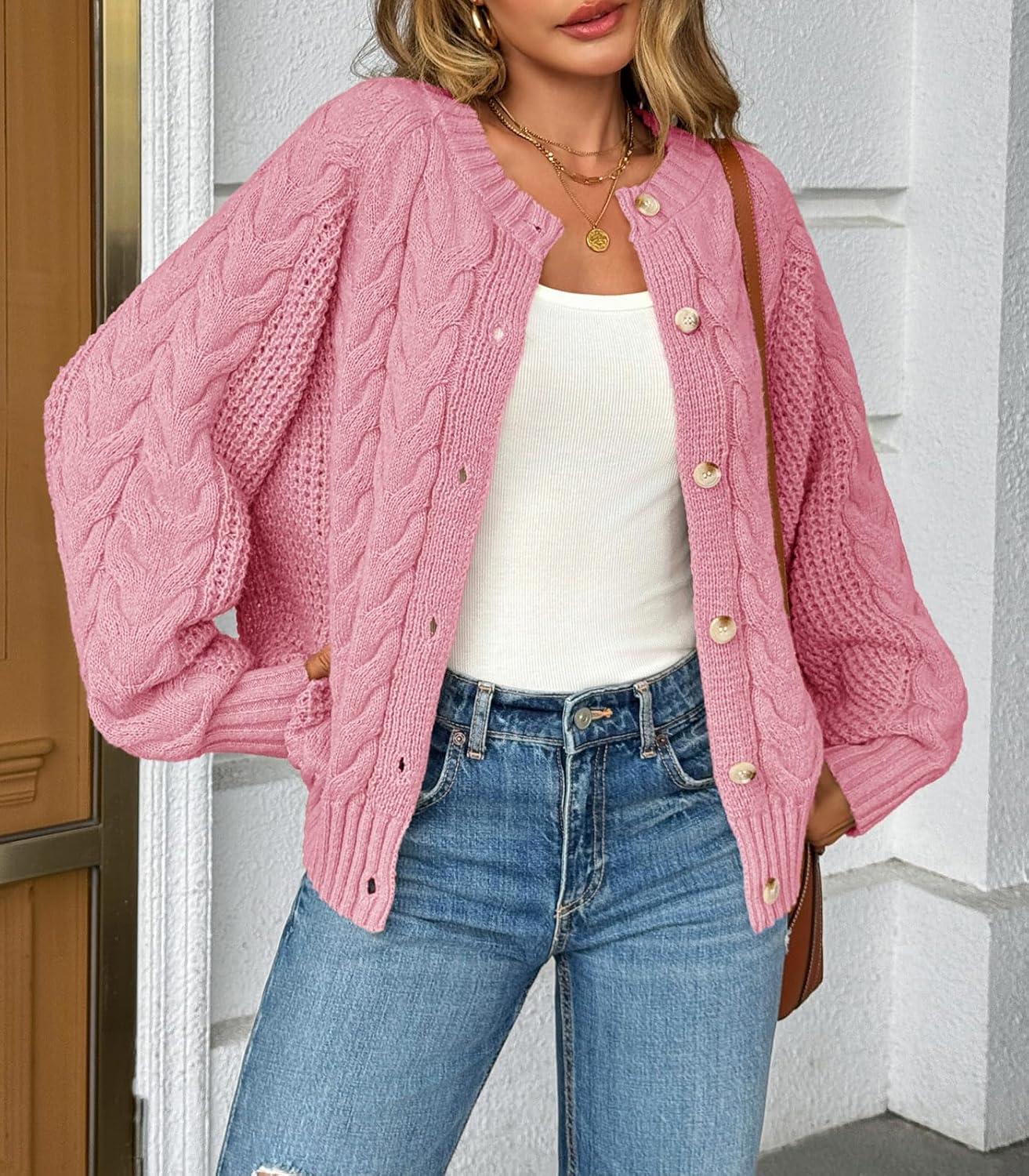 imageSaodimallsu Womens Cable Knit Cardigan Sweaters Button Up Crew Neck Long Sleeve Loose Fall Trendy Sweater CoatsPink