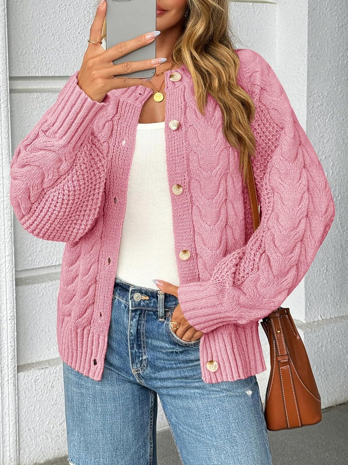 imageSaodimallsu Womens Cable Knit Cardigan Sweaters Button Up Crew Neck Long Sleeve Loose Fall Trendy Sweater CoatsPink