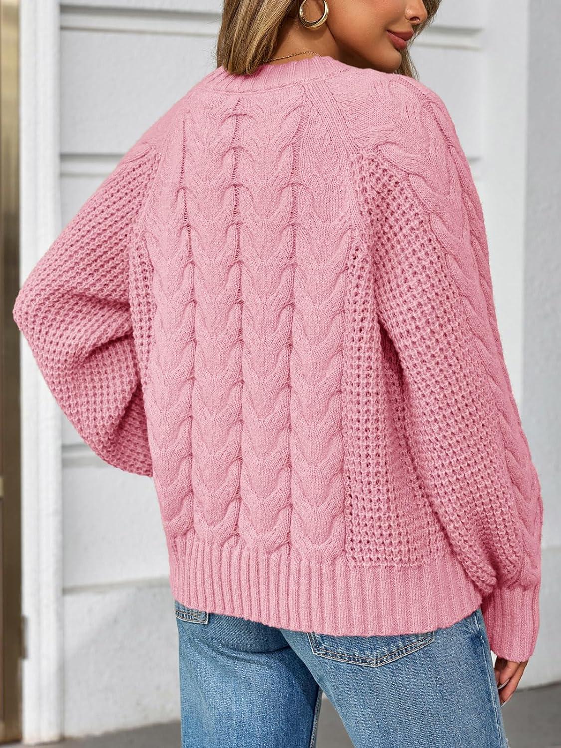 imageSaodimallsu Womens Cable Knit Cardigan Sweaters Button Up Crew Neck Long Sleeve Loose Fall Trendy Sweater CoatsPink