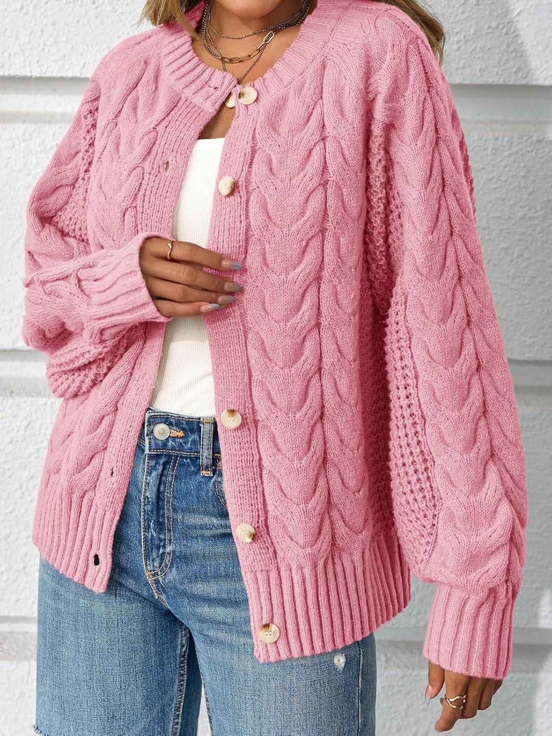 imageSaodimallsu Womens Cable Knit Cardigan Sweaters Button Up Crew Neck Long Sleeve Loose Fall Trendy Sweater CoatsPink