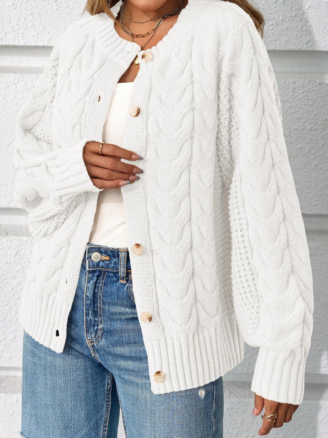 imageSaodimallsu Womens Cable Knit Cardigan Sweaters Button Up Crew Neck Long Sleeve Loose Fall Trendy Sweater CoatsWhite