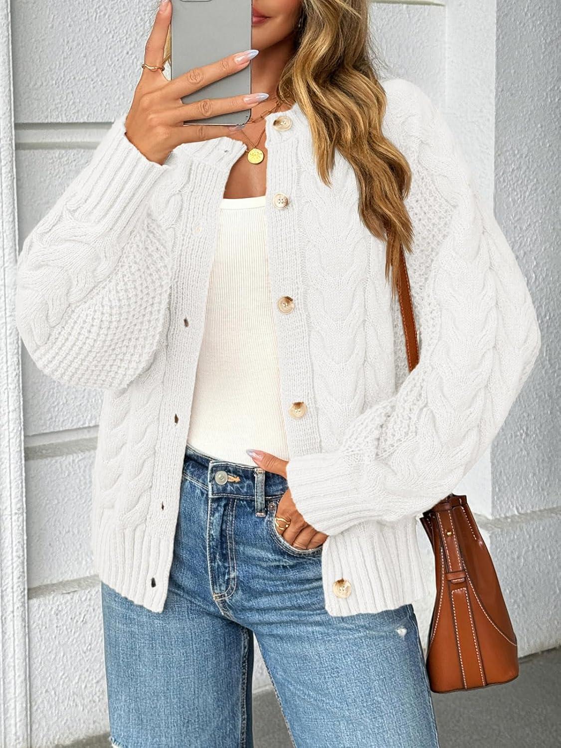 imageSaodimallsu Womens Cable Knit Cardigan Sweaters Button Up Crew Neck Long Sleeve Loose Fall Trendy Sweater CoatsWhite
