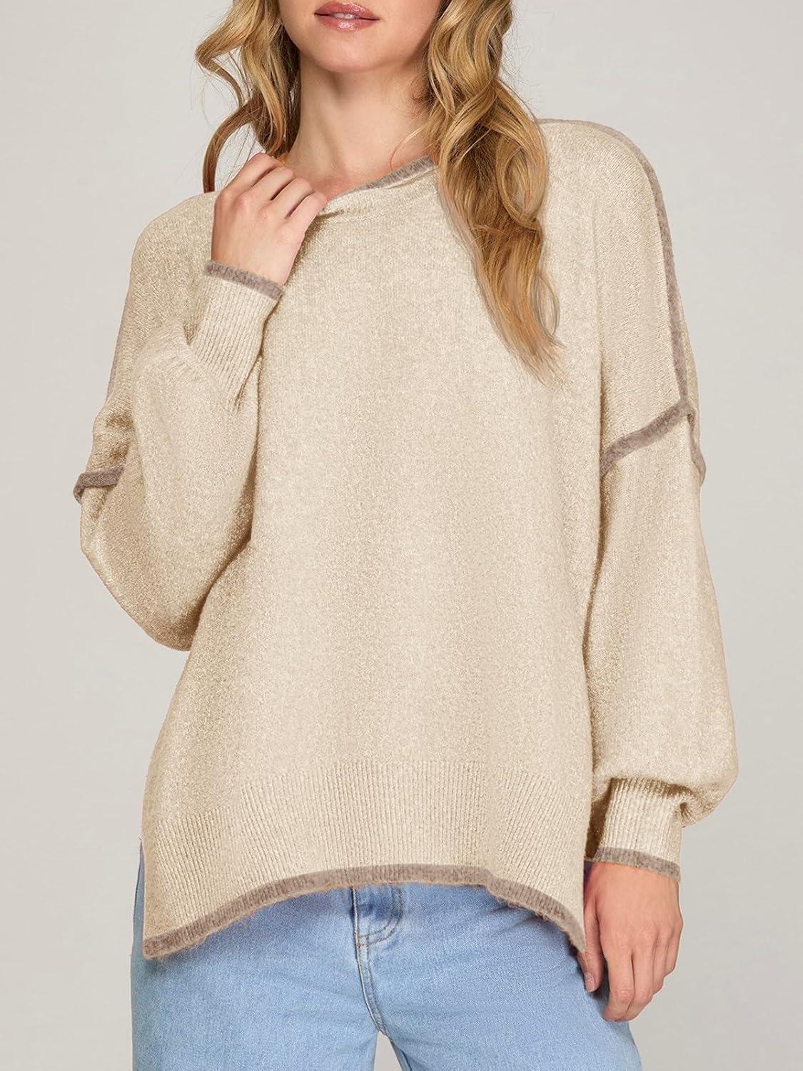 imageSaodimallsu Womens Fall Crew Neck Sweater Long Sleeve Color Block Sweaters Loose Casual Knit Pullover TopsApricot