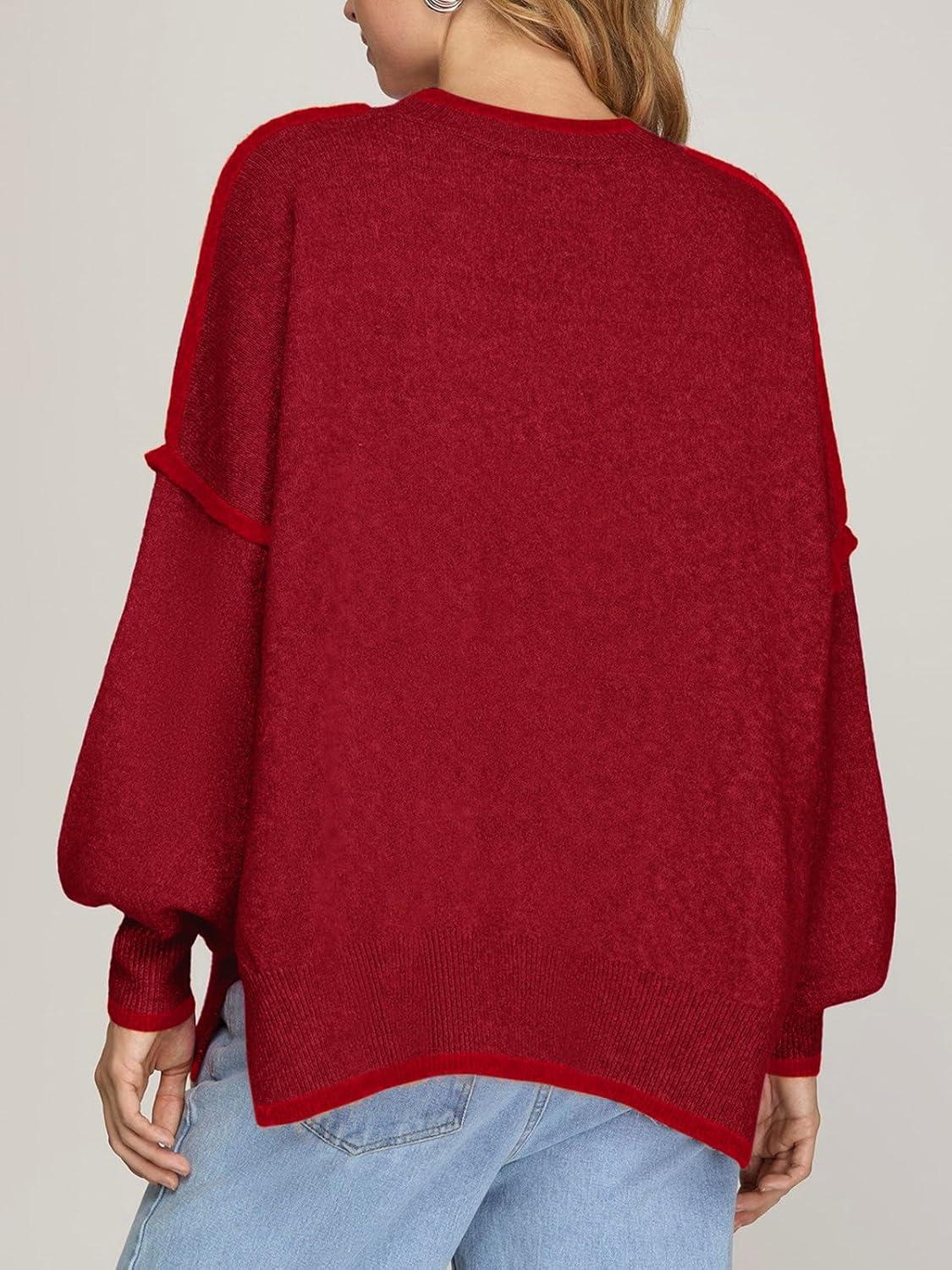 imageSaodimallsu Womens Fall Crew Neck Sweater Long Sleeve Color Block Sweaters Loose Casual Knit Pullover TopsBurgundy