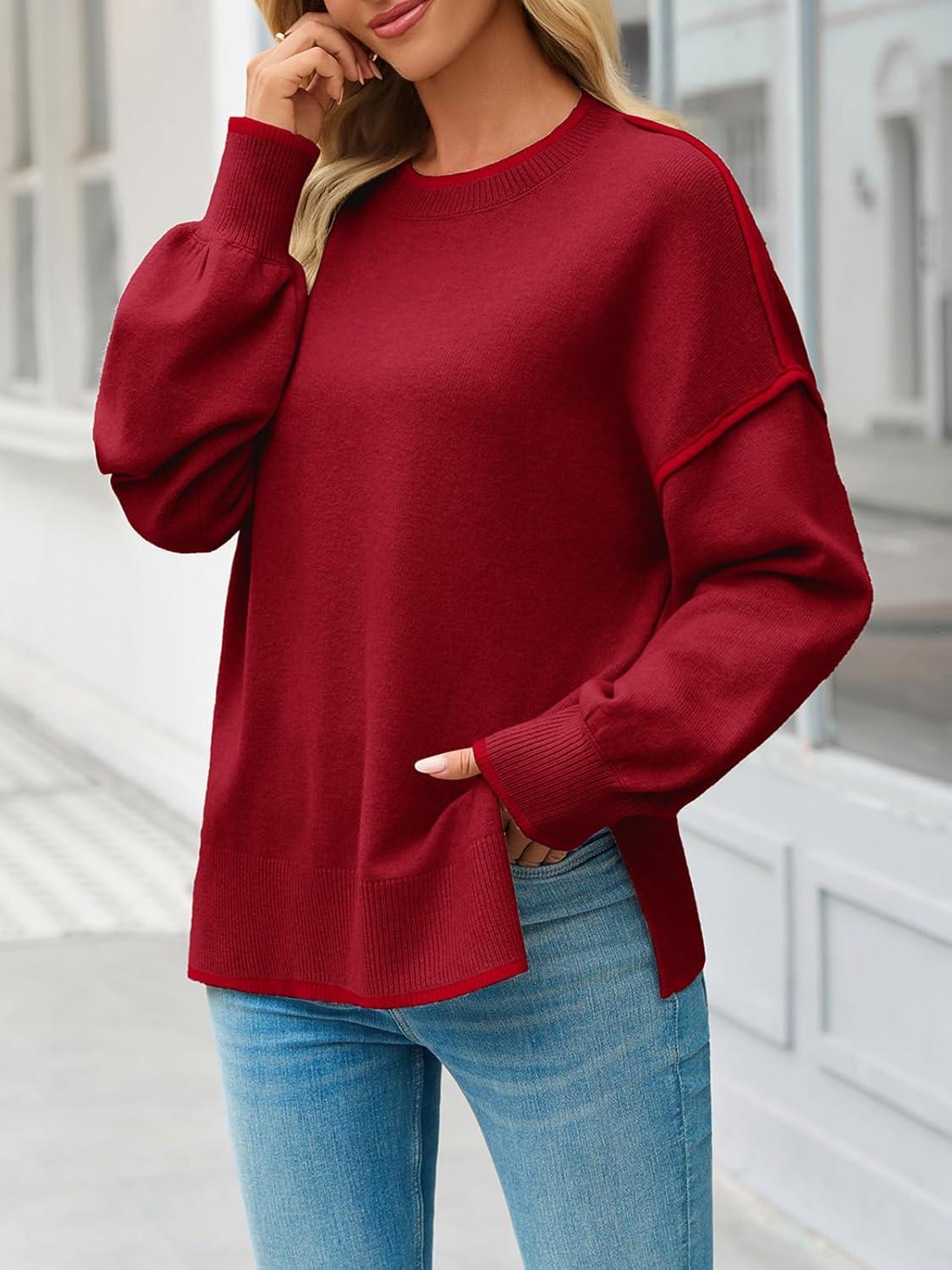 imageSaodimallsu Womens Fall Crew Neck Sweater Long Sleeve Color Block Sweaters Loose Casual Knit Pullover TopsBurgundy