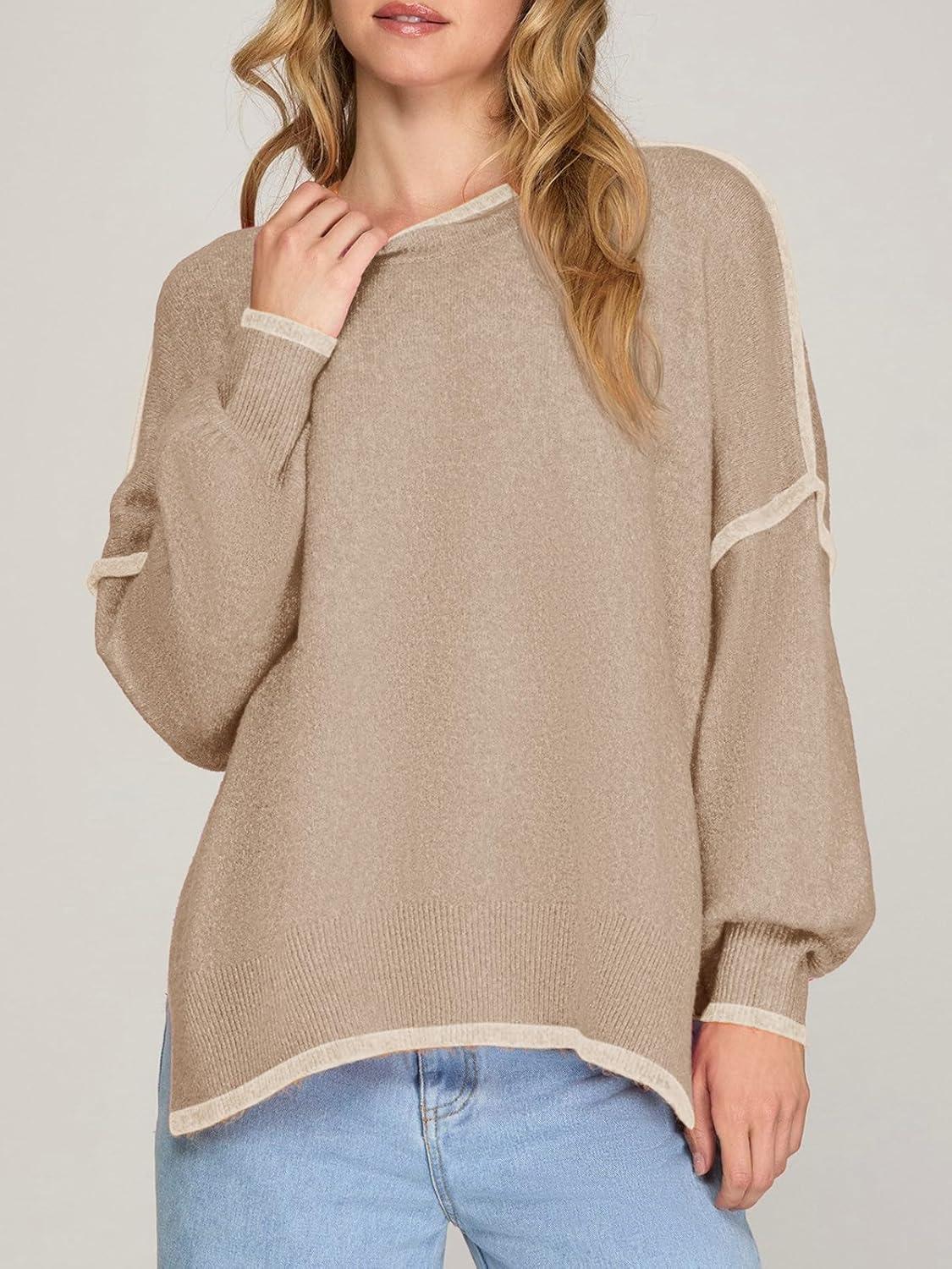 imageSaodimallsu Womens Fall Crew Neck Sweater Long Sleeve Color Block Sweaters Loose Casual Knit Pullover TopsKhaki