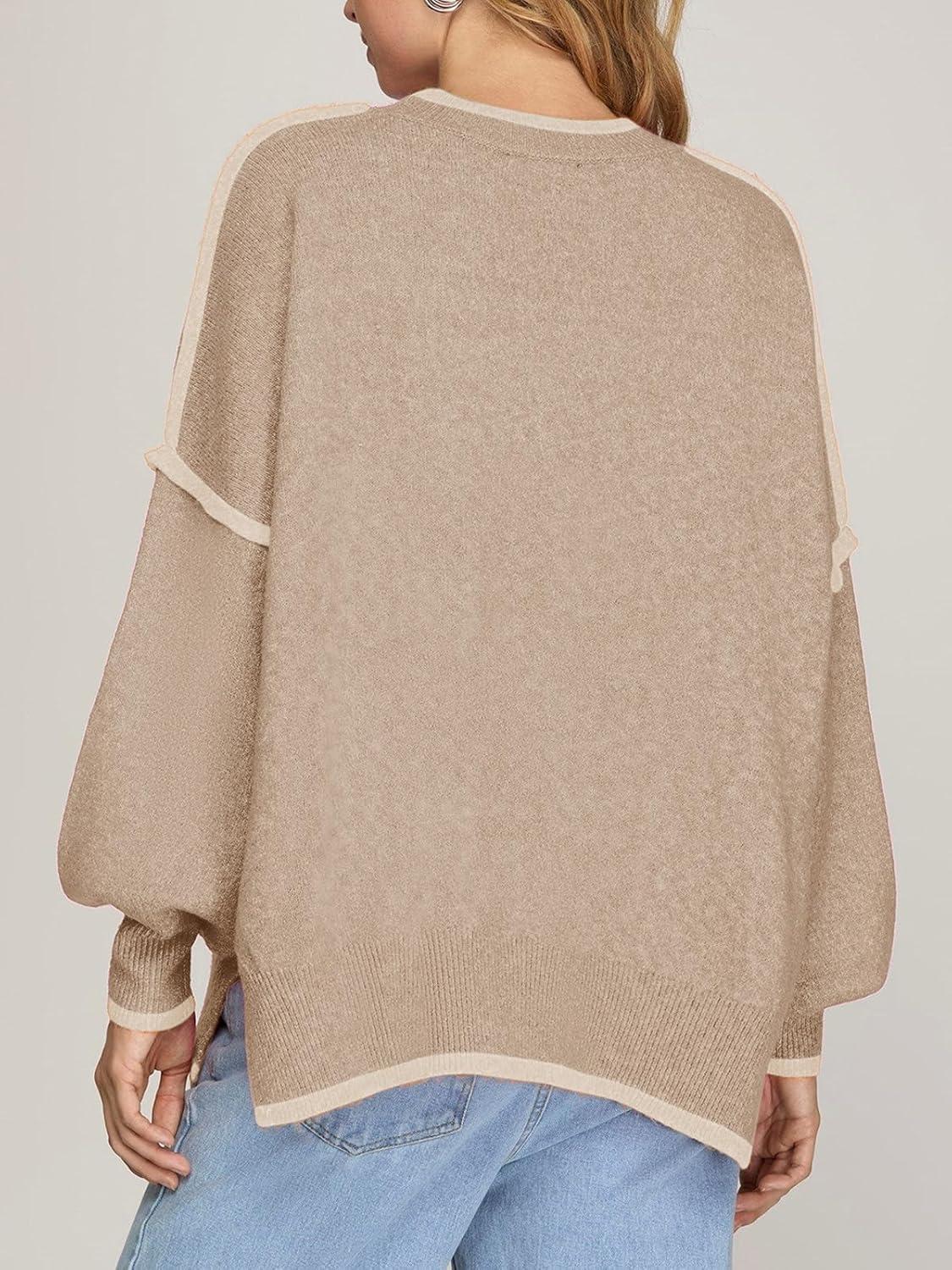 imageSaodimallsu Womens Fall Crew Neck Sweater Long Sleeve Color Block Sweaters Loose Casual Knit Pullover TopsKhaki