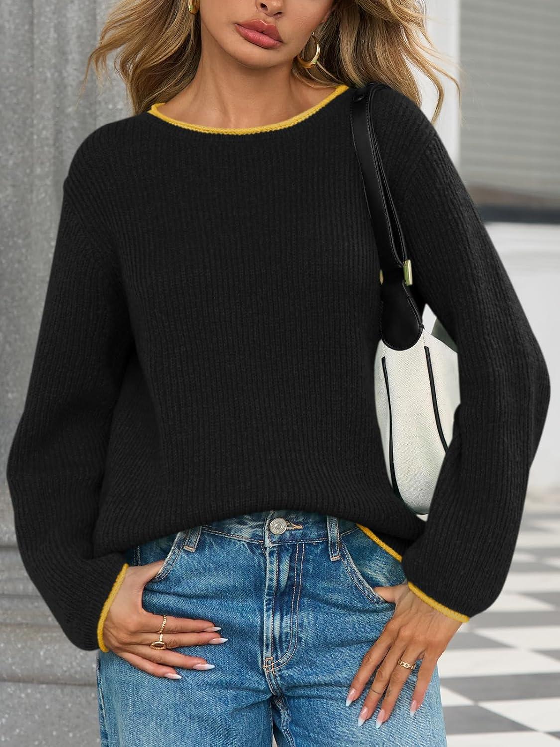 imageSaodimallsu Womens Fall Sweaters Long Sleeve Crew Neck Casual Trendy Chunky Ribbed Knit Color Block Loose Pullover TopsBlack