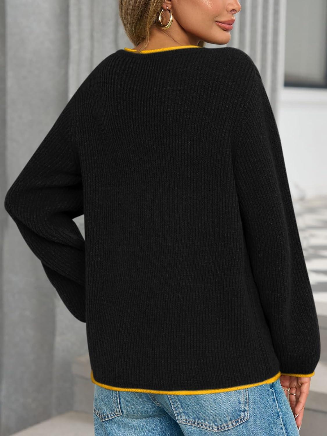 imageSaodimallsu Womens Fall Sweaters Long Sleeve Crew Neck Casual Trendy Chunky Ribbed Knit Color Block Loose Pullover TopsBlack