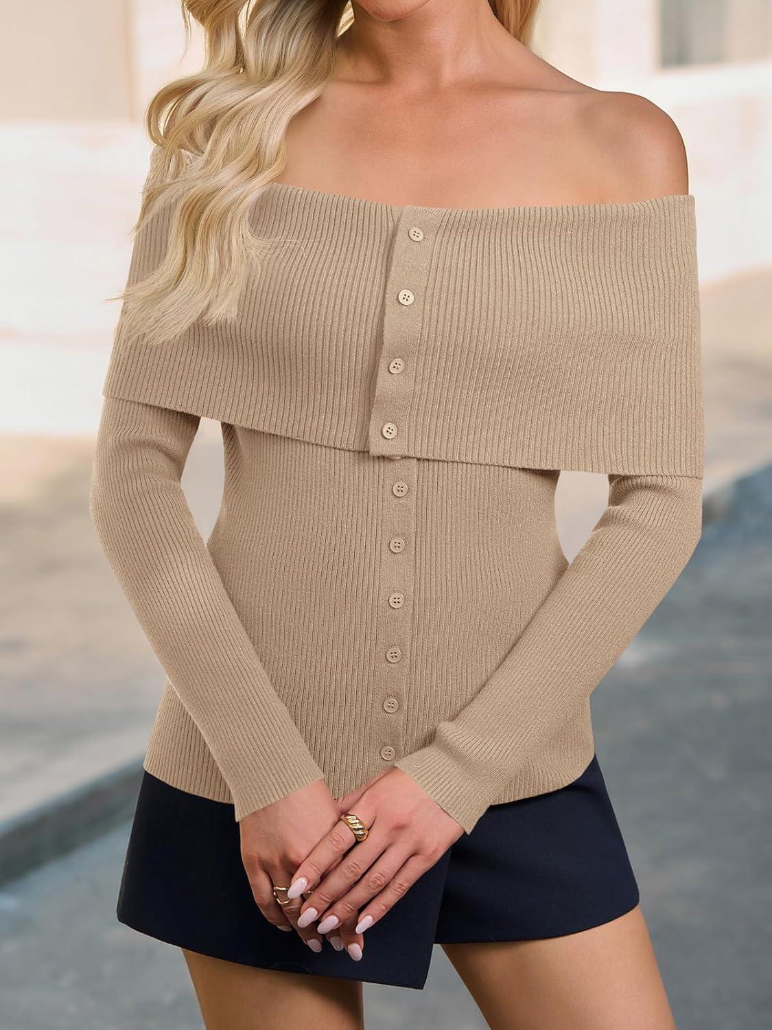 imageSaodimallsu Womens Off The Shoulder Sweaters Long Sleeve Fitted Ribbed Knit Button Down Trendy Date Night Sweater TopsKhaki