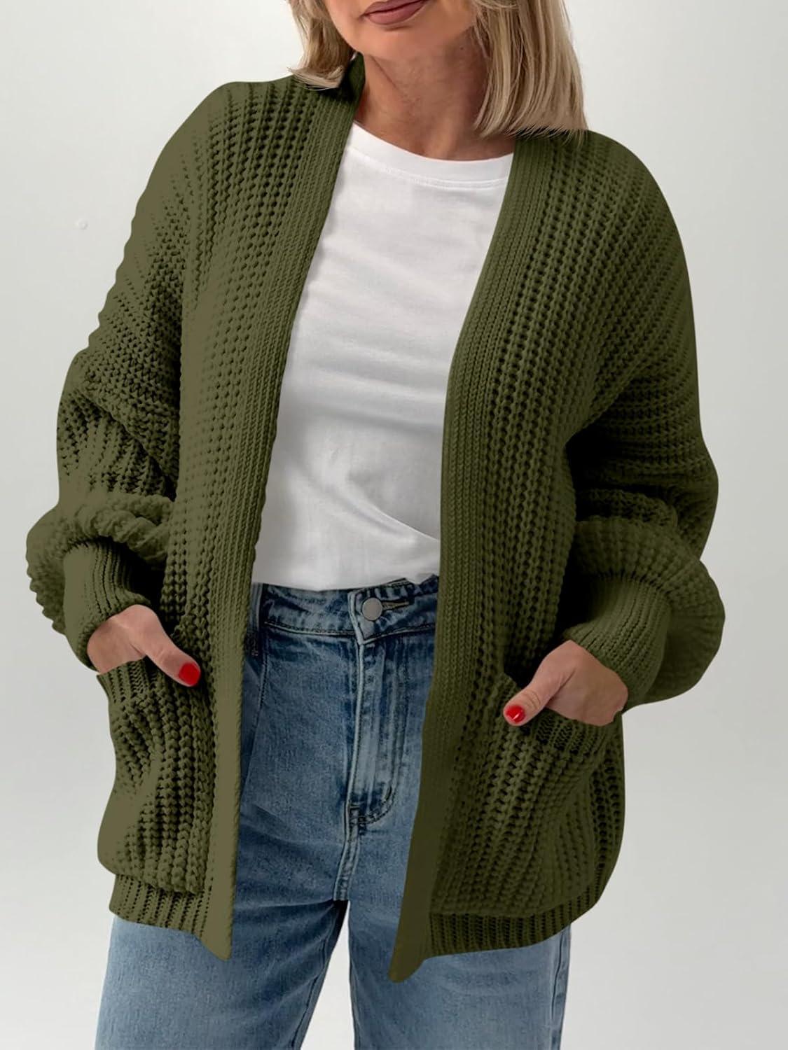 imageSaodimallsu Womens Oversized Cardigan Ribbed Chunky Knit Long Lantern Sleeve Open Front Fall Sweater CoatsArmy Green