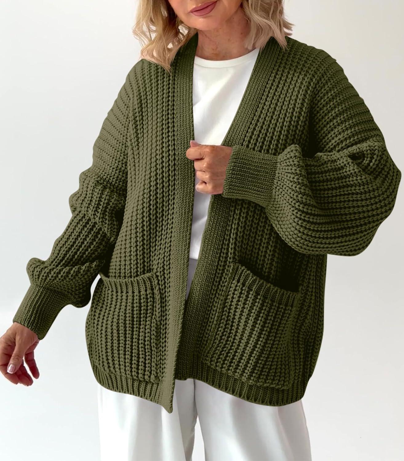 imageSaodimallsu Womens Oversized Cardigan Ribbed Chunky Knit Long Lantern Sleeve Open Front Fall Sweater CoatsArmy Green