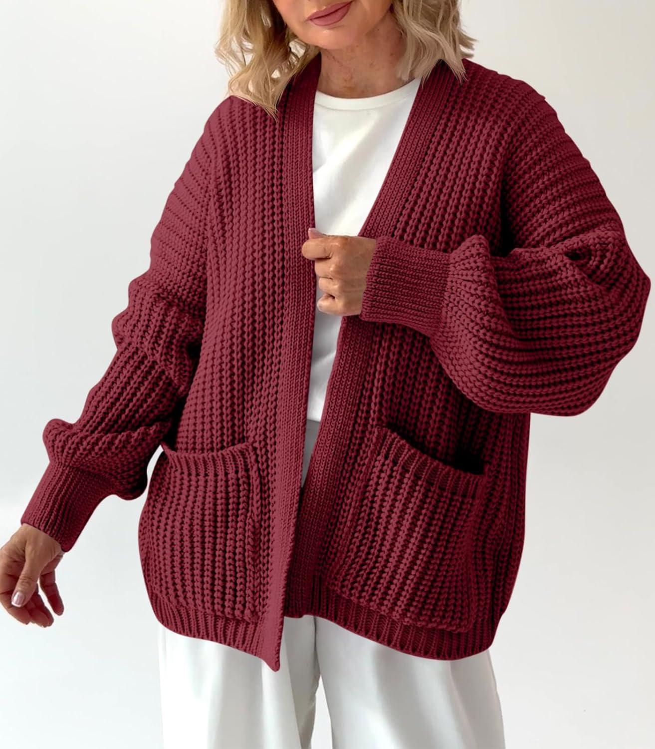 imageSaodimallsu Womens Oversized Cardigan Ribbed Chunky Knit Long Lantern Sleeve Open Front Fall Sweater CoatsBurgundy