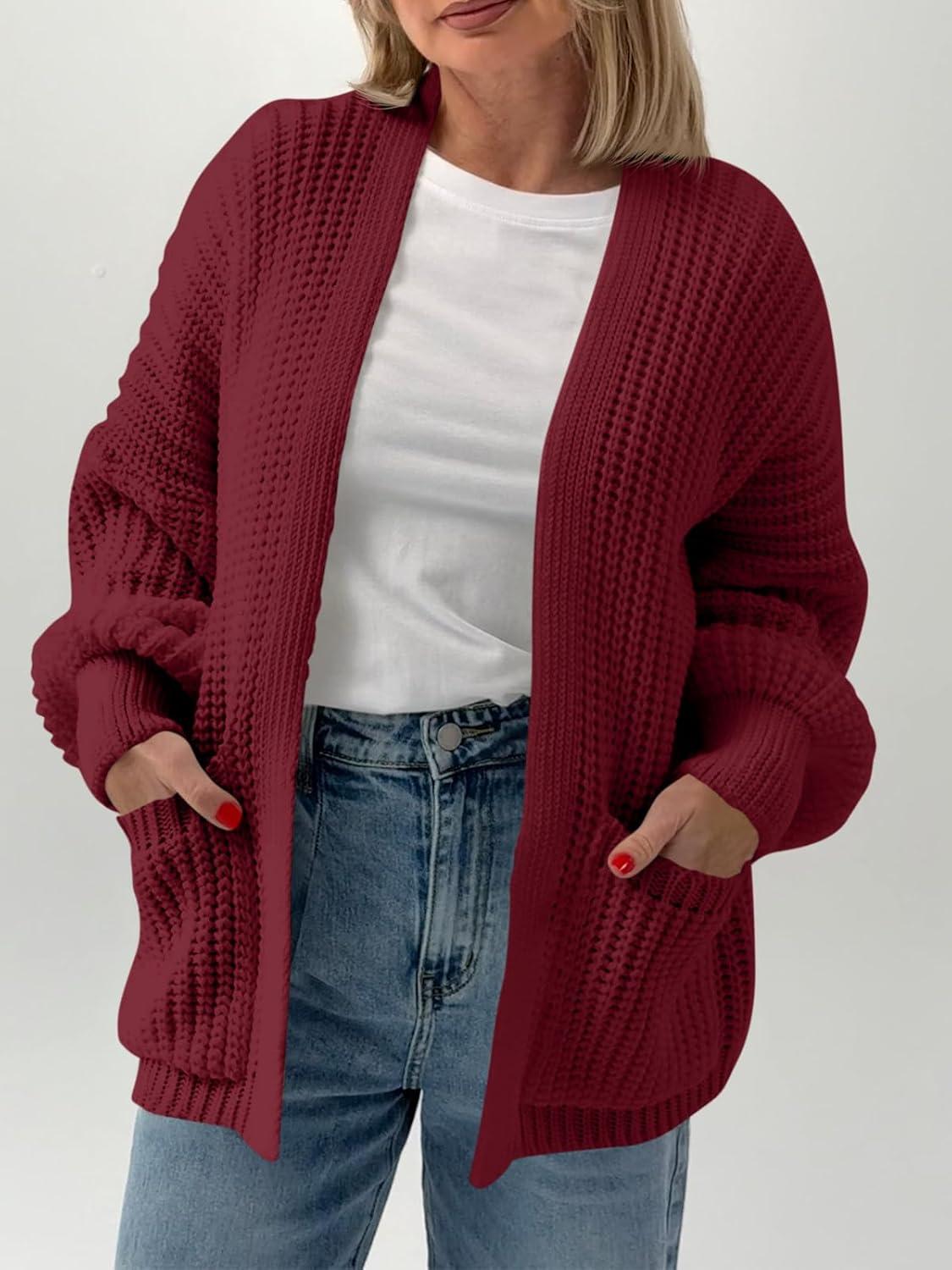 imageSaodimallsu Womens Oversized Cardigan Ribbed Chunky Knit Long Lantern Sleeve Open Front Fall Sweater CoatsBurgundy