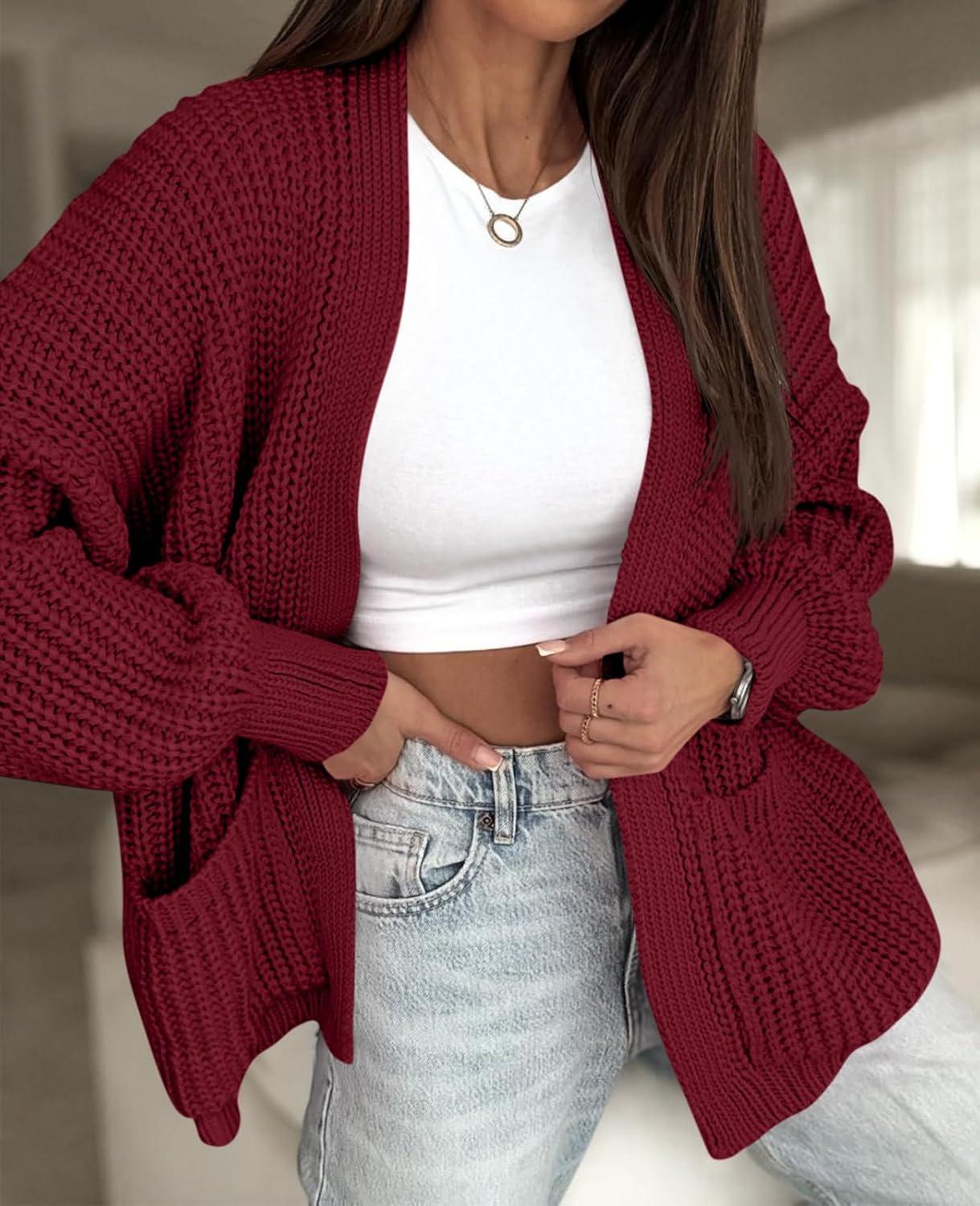 imageSaodimallsu Womens Oversized Cardigan Ribbed Chunky Knit Long Lantern Sleeve Open Front Fall Sweater CoatsBurgundy