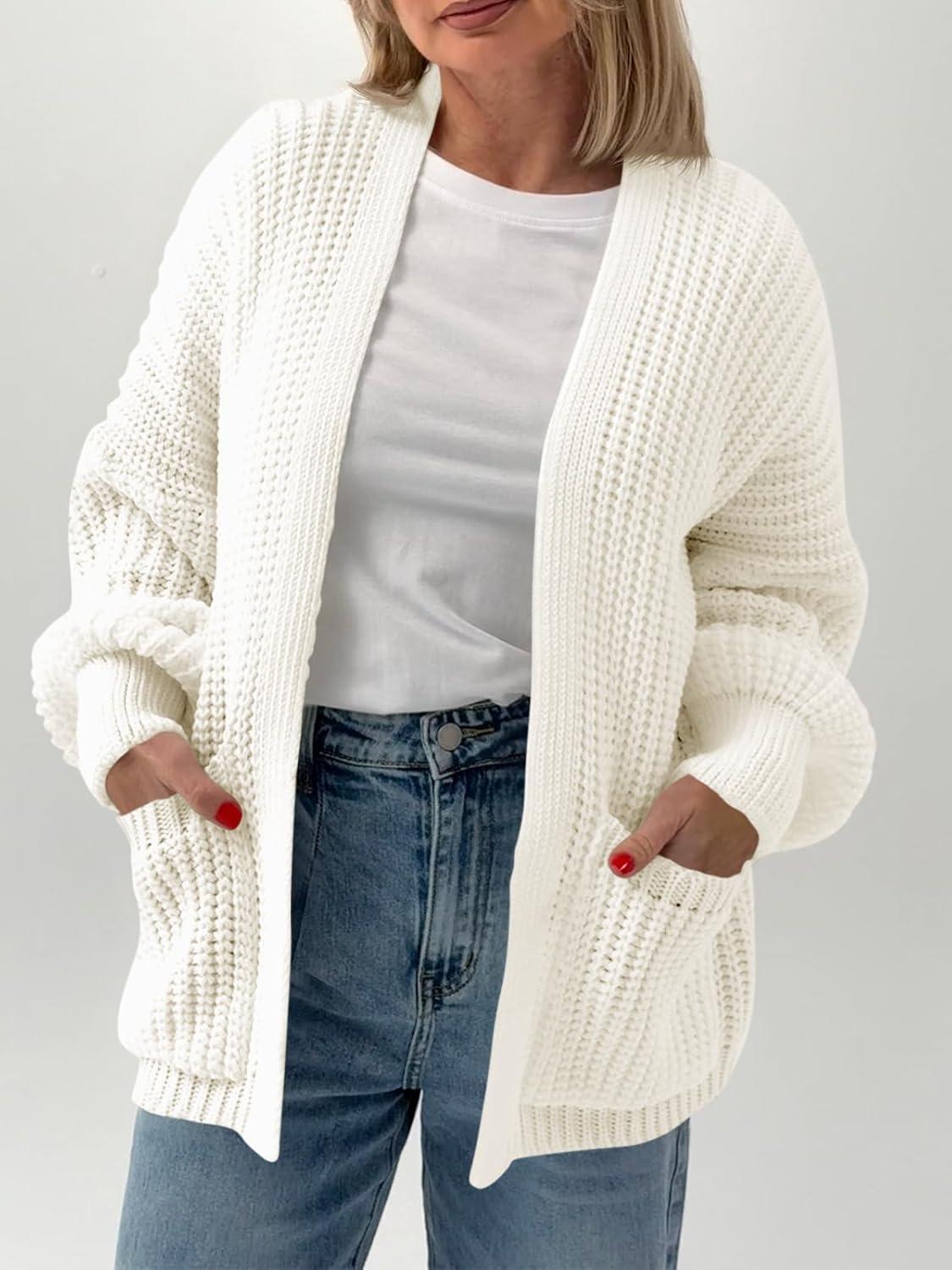 imageSaodimallsu Womens Oversized Cardigan Ribbed Chunky Knit Long Lantern Sleeve Open Front Fall Sweater CoatsWhite