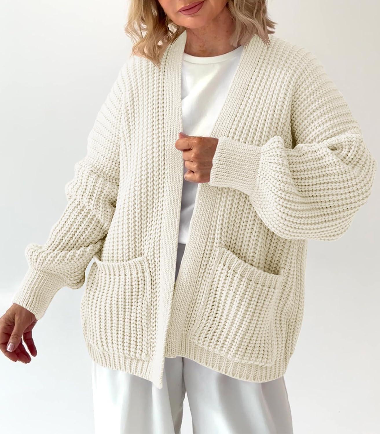 imageSaodimallsu Womens Oversized Cardigan Ribbed Chunky Knit Long Lantern Sleeve Open Front Fall Sweater CoatsWhite
