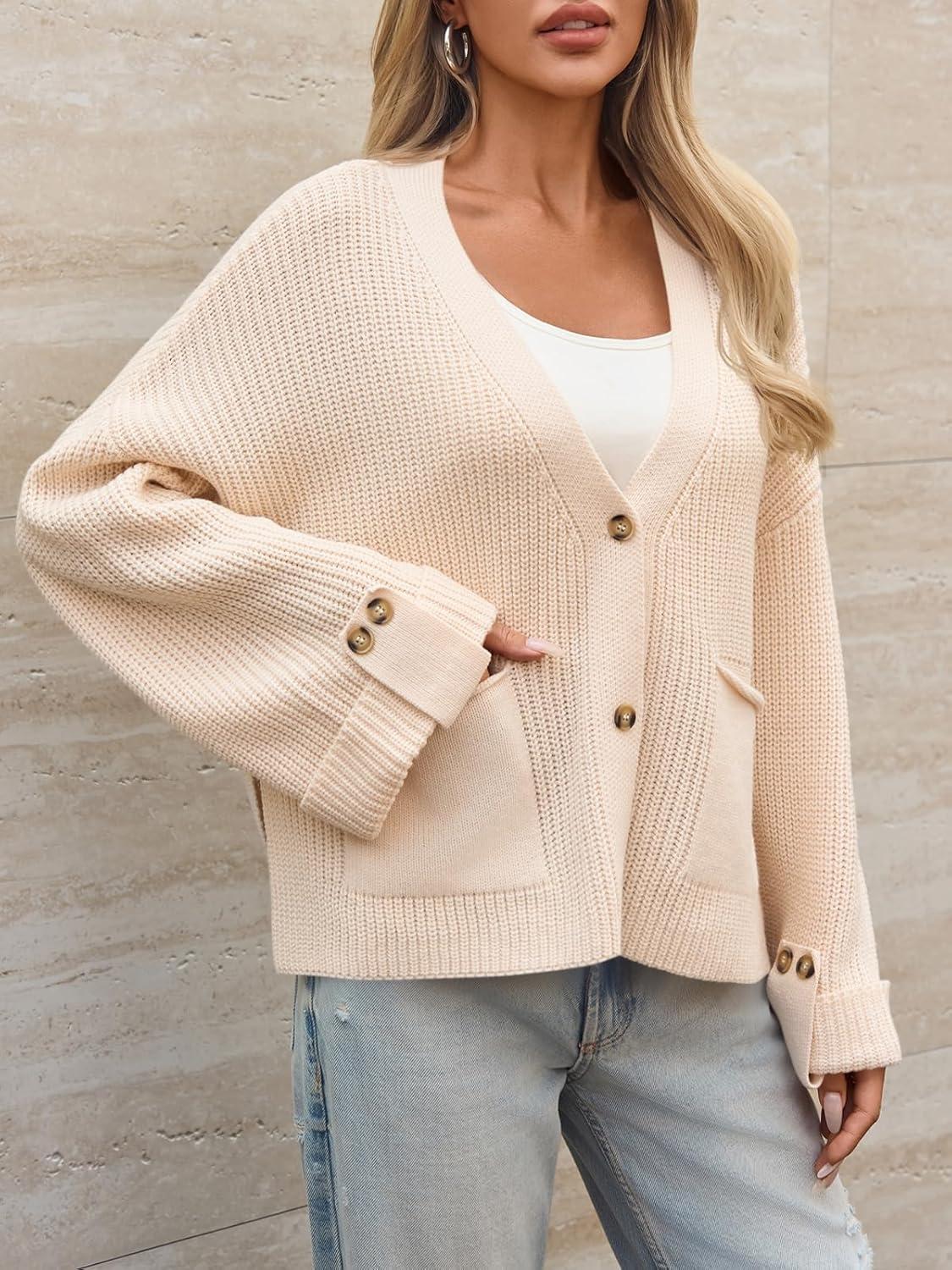 imageSaodimallsu Womens Oversized Cardigan Sweaters Button Up V Neck Long Sleeve Open Front Chunky Knit Sweater CoatsBeige