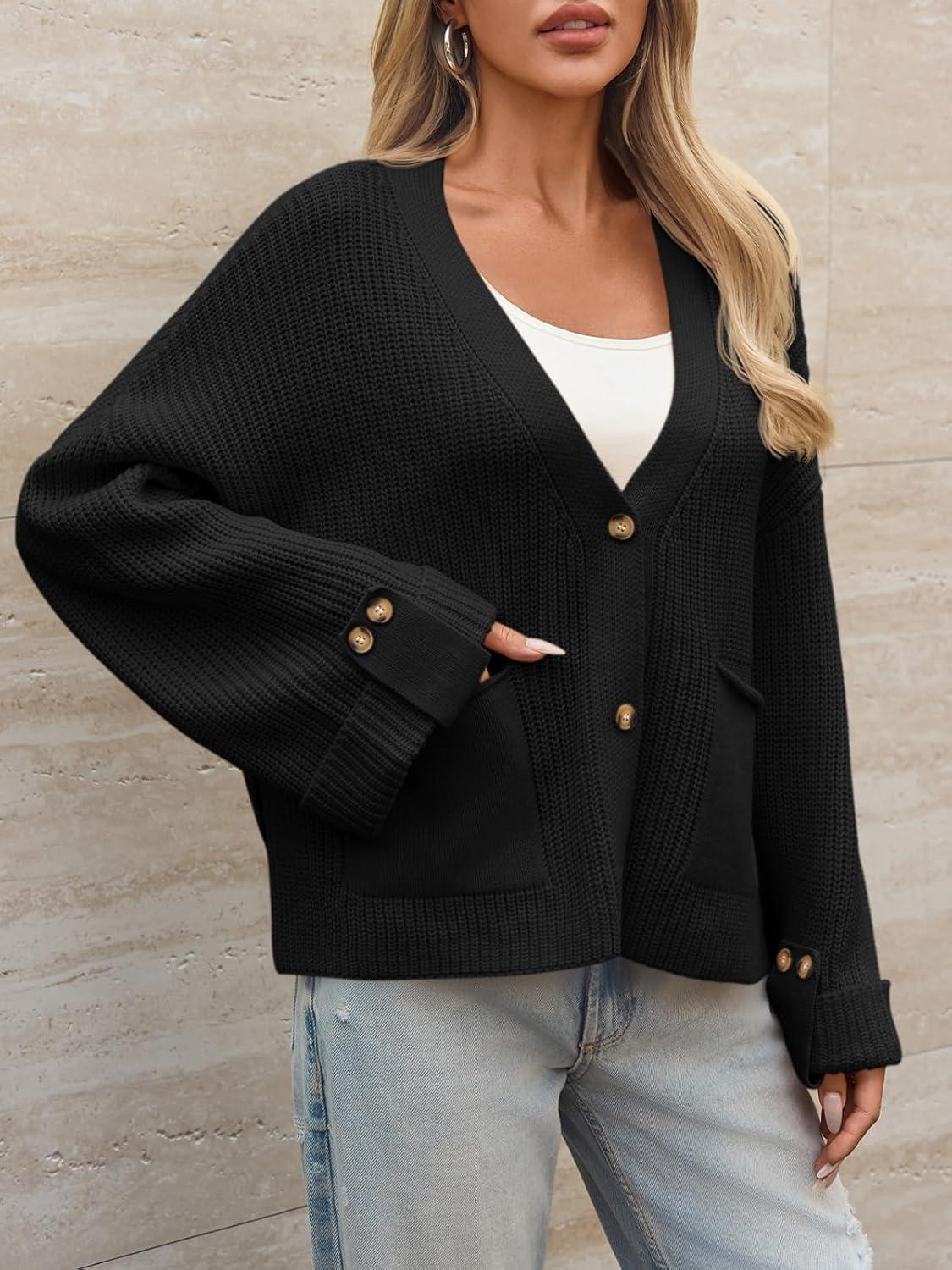 imageSaodimallsu Womens Oversized Cardigan Sweaters Button Up V Neck Long Sleeve Open Front Chunky Knit Sweater CoatsBlack