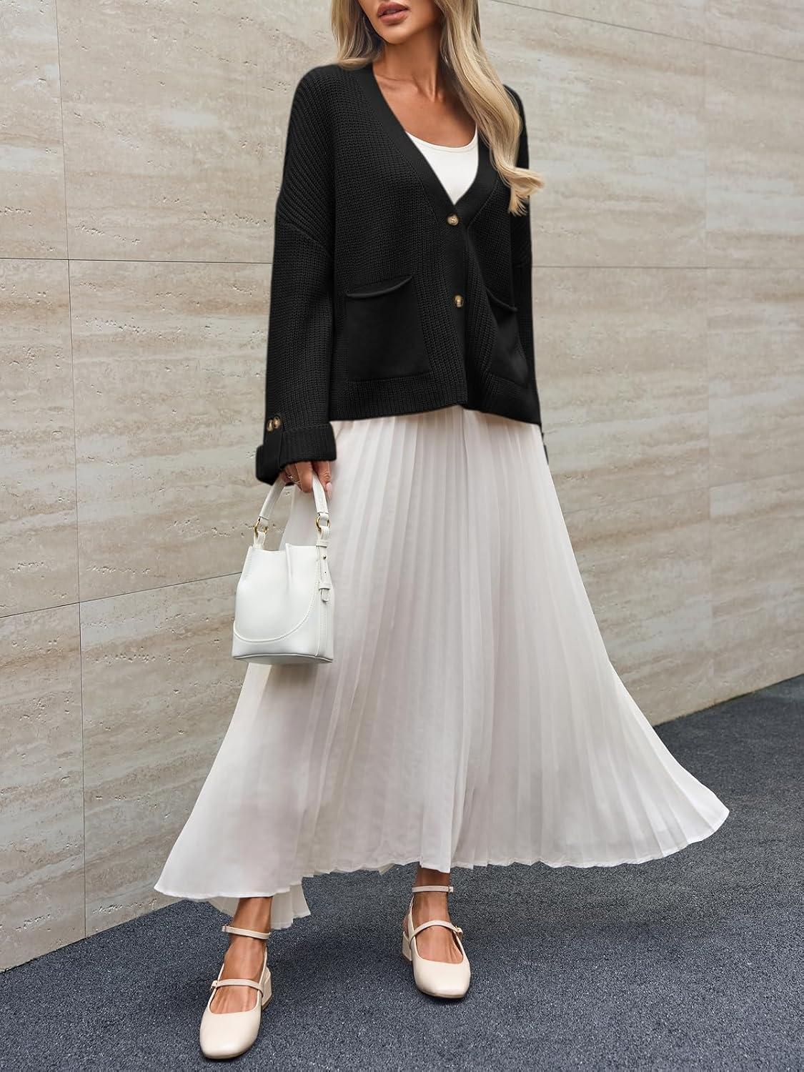 imageSaodimallsu Womens Oversized Cardigan Sweaters Button Up V Neck Long Sleeve Open Front Chunky Knit Sweater CoatsBlack