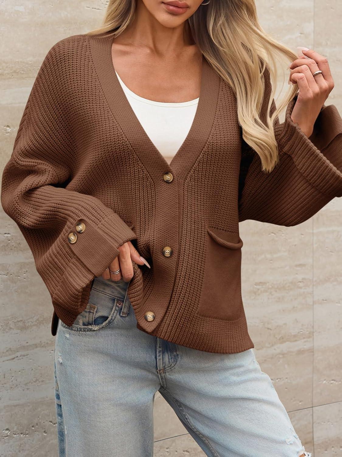 imageSaodimallsu Womens Oversized Cardigan Sweaters Button Up V Neck Long Sleeve Open Front Chunky Knit Sweater CoatsBrown