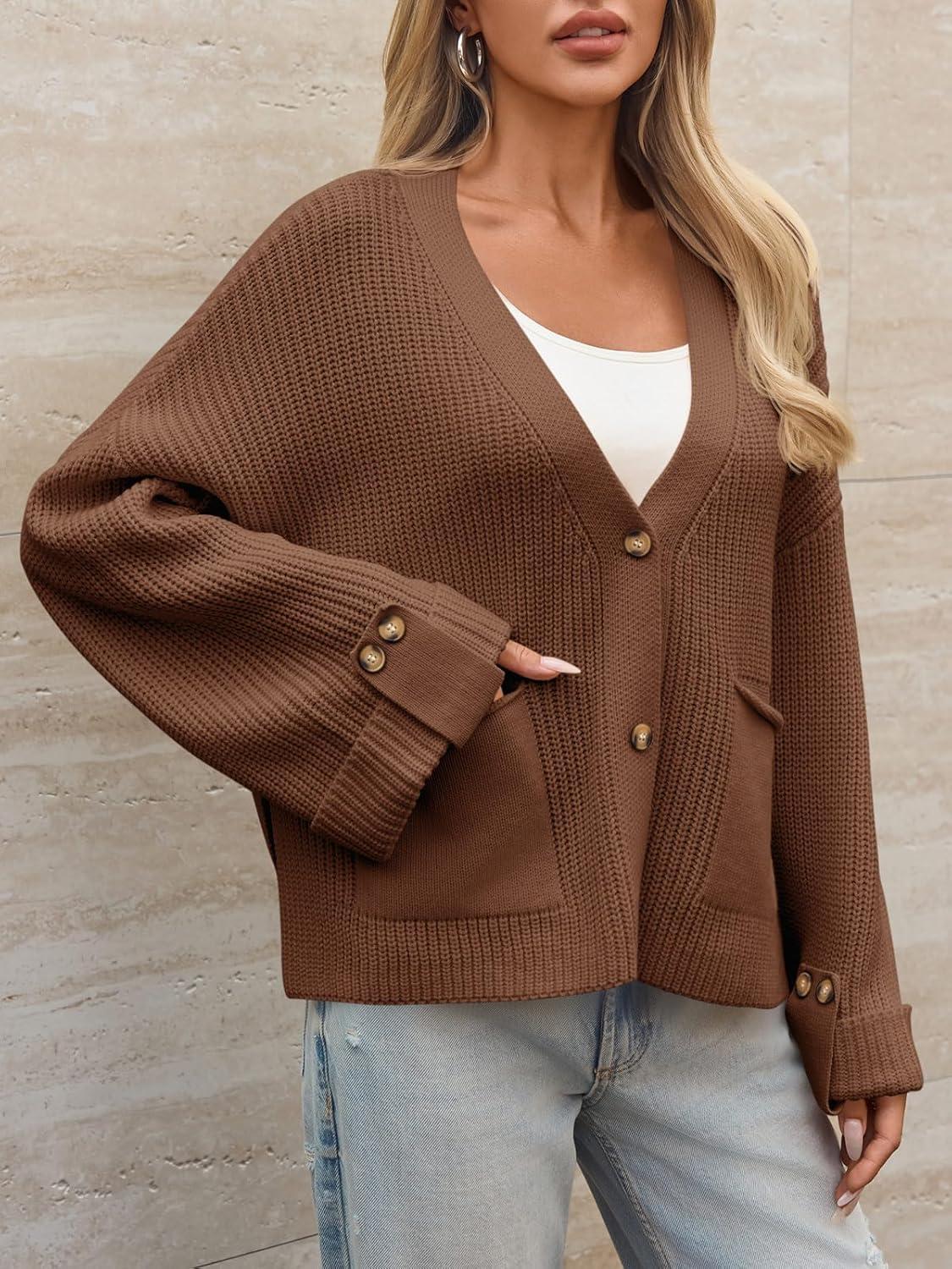 imageSaodimallsu Womens Oversized Cardigan Sweaters Button Up V Neck Long Sleeve Open Front Chunky Knit Sweater CoatsBrown