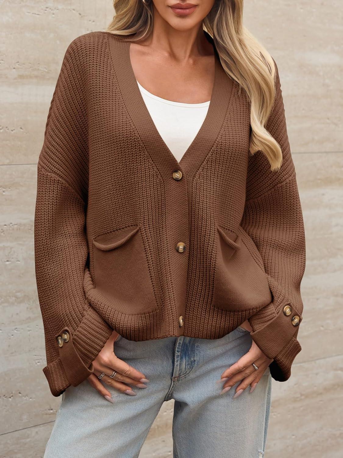 imageSaodimallsu Womens Oversized Cardigan Sweaters Button Up V Neck Long Sleeve Open Front Chunky Knit Sweater CoatsBrown