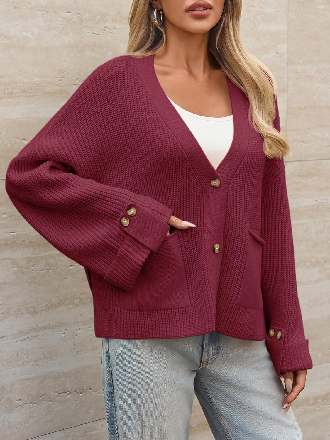 imageSaodimallsu Womens Oversized Cardigan Sweaters Button Up V Neck Long Sleeve Open Front Chunky Knit Sweater CoatsBurgundy