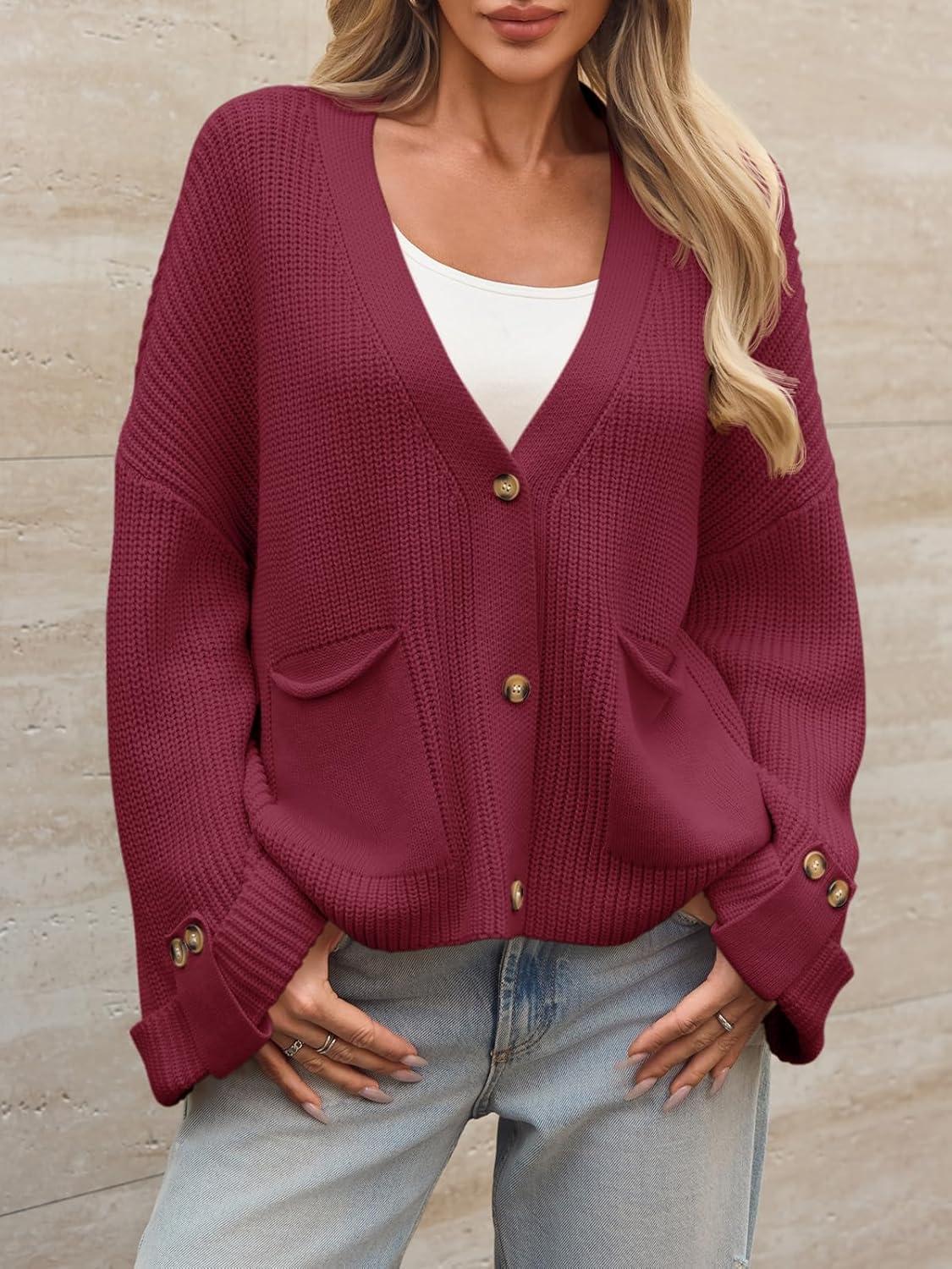 imageSaodimallsu Womens Oversized Cardigan Sweaters Button Up V Neck Long Sleeve Open Front Chunky Knit Sweater CoatsBurgundy