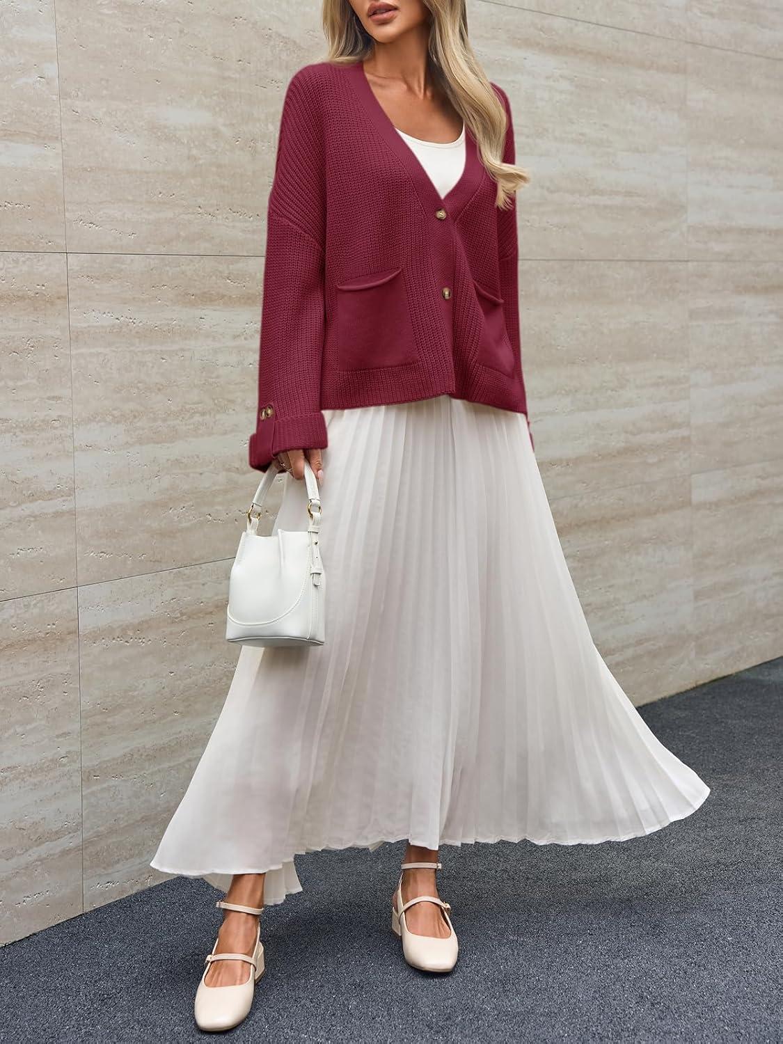 imageSaodimallsu Womens Oversized Cardigan Sweaters Button Up V Neck Long Sleeve Open Front Chunky Knit Sweater CoatsBurgundy