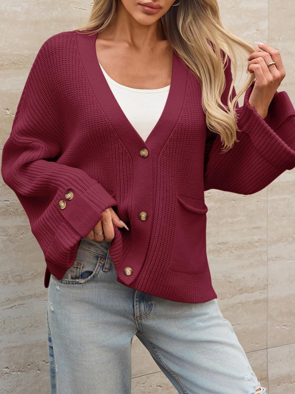 imageSaodimallsu Womens Oversized Cardigan Sweaters Button Up V Neck Long Sleeve Open Front Chunky Knit Sweater CoatsBurgundy