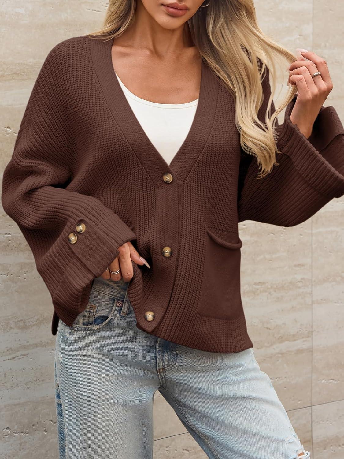imageSaodimallsu Womens Oversized Cardigan Sweaters Button Up V Neck Long Sleeve Open Front Chunky Knit Sweater CoatsCoffee