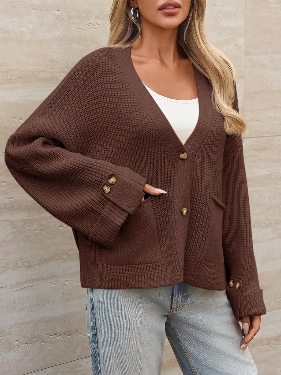imageSaodimallsu Womens Oversized Cardigan Sweaters Button Up V Neck Long Sleeve Open Front Chunky Knit Sweater CoatsCoffee