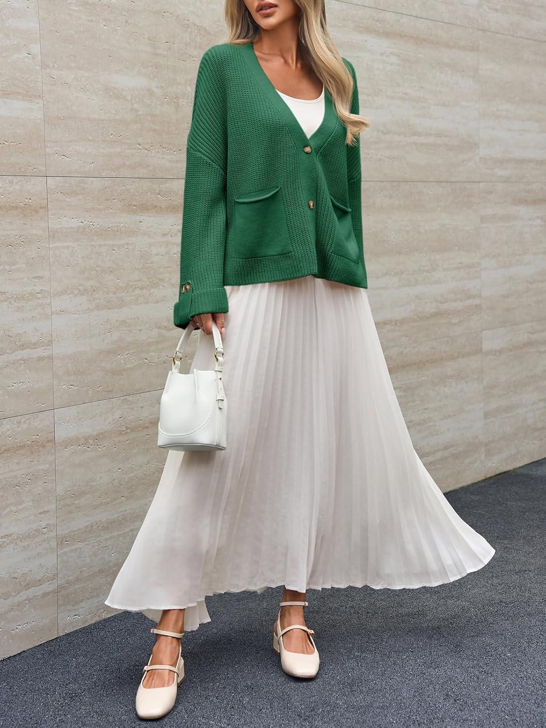 imageSaodimallsu Womens Oversized Cardigan Sweaters Button Up V Neck Long Sleeve Open Front Chunky Knit Sweater CoatsGreen