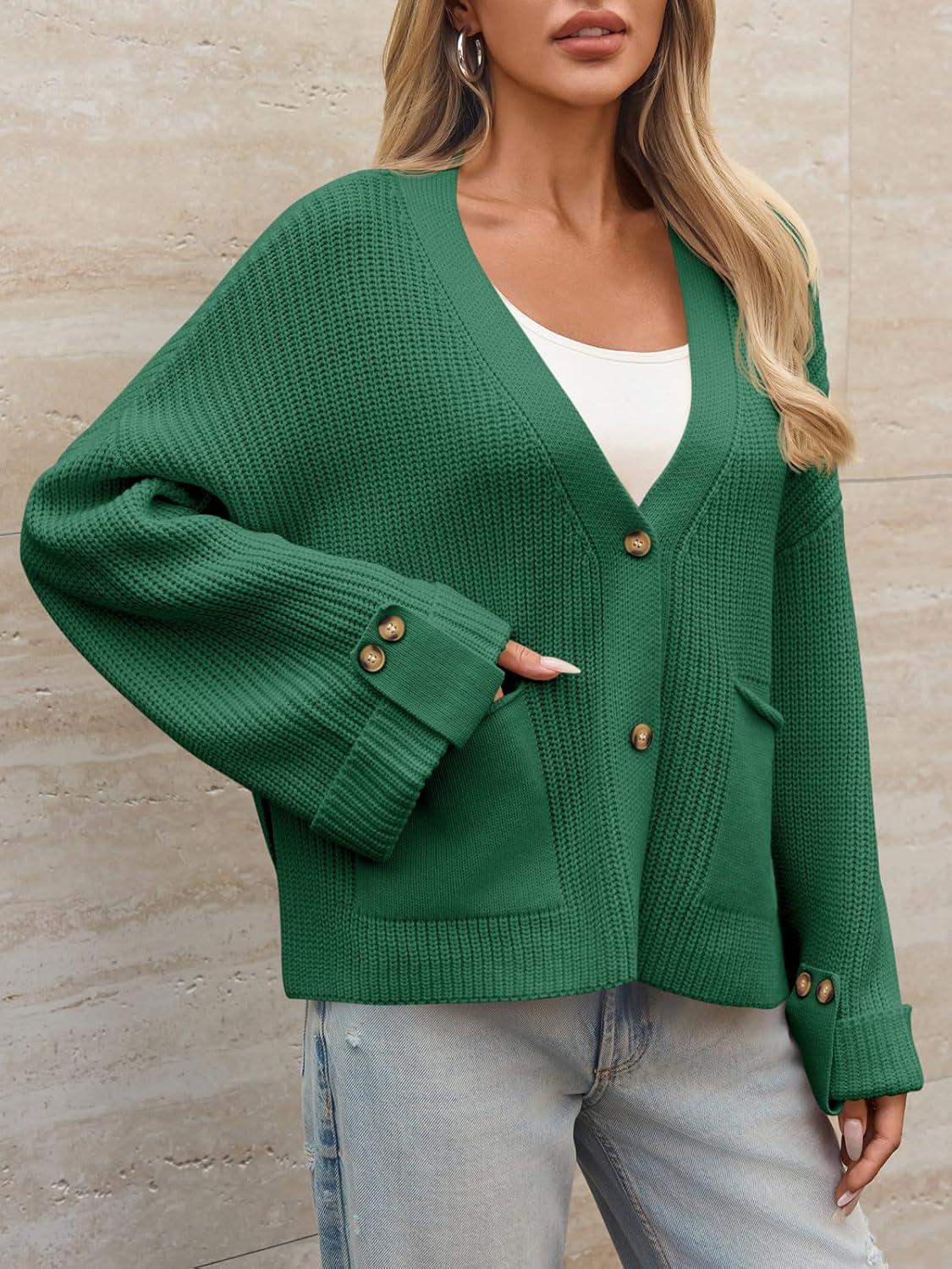 imageSaodimallsu Womens Oversized Cardigan Sweaters Button Up V Neck Long Sleeve Open Front Chunky Knit Sweater CoatsGreen