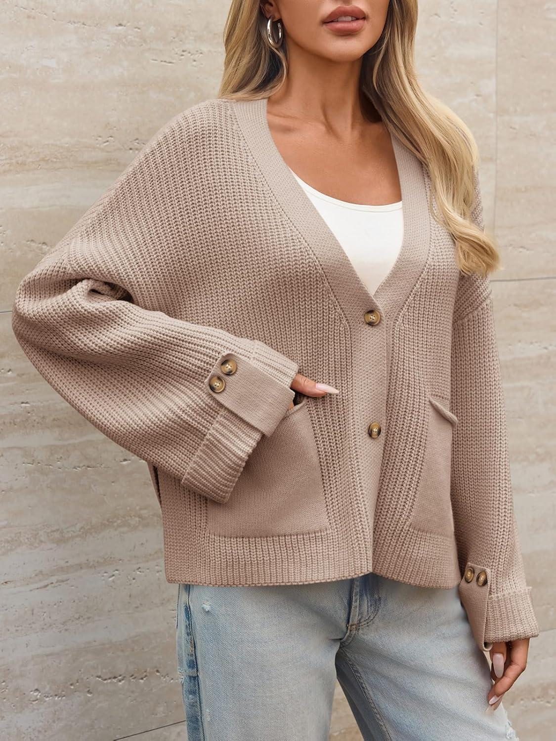 imageSaodimallsu Womens Oversized Cardigan Sweaters Button Up V Neck Long Sleeve Open Front Chunky Knit Sweater CoatsKhaki