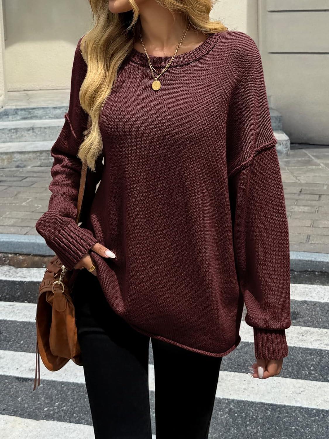 imageSaodimallsu Womens Oversized Crew Neck Sweaters Long Sleeve Slouchy Knit Fall Casual Loose Pullover TopsBurgundy