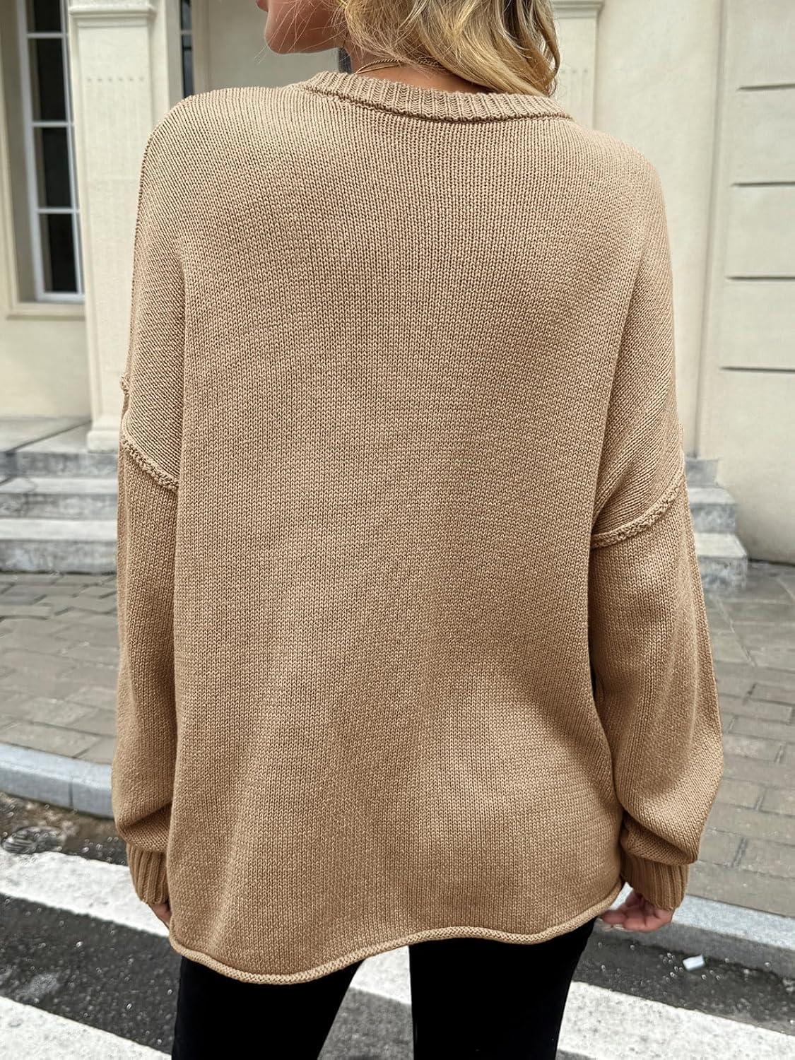 imageSaodimallsu Womens Oversized Crew Neck Sweaters Long Sleeve Slouchy Knit Fall Casual Loose Pullover TopsKhaki