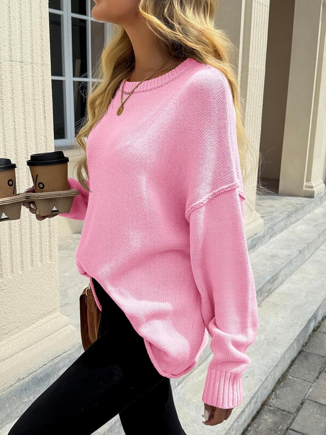 imageSaodimallsu Womens Oversized Crew Neck Sweaters Long Sleeve Slouchy Knit Fall Casual Loose Pullover TopsPink
