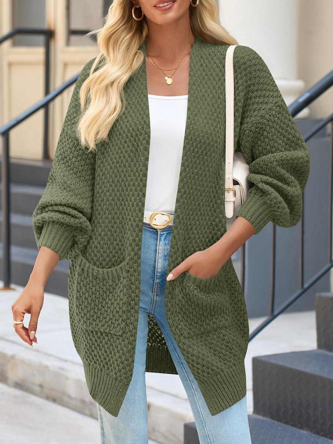 imageSaodimallsu Womens Oversized Open Front Cardigans Fall Chunky Knit Lantern Long Sleeve Sweater Coats with PocketsArmy Green
