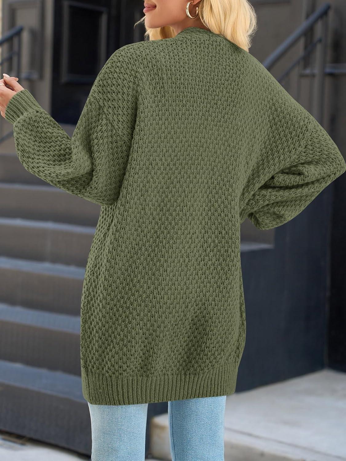 imageSaodimallsu Womens Oversized Open Front Cardigans Fall Chunky Knit Lantern Long Sleeve Sweater Coats with PocketsArmy Green