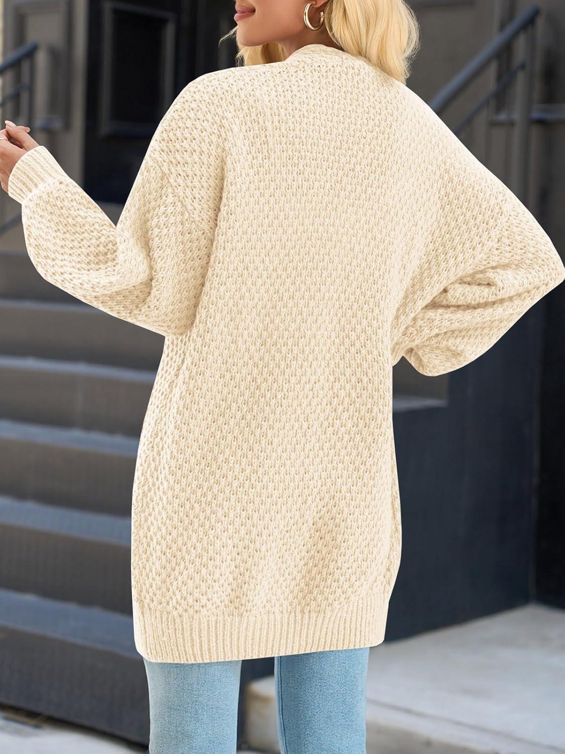 imageSaodimallsu Womens Oversized Open Front Cardigans Fall Chunky Knit Lantern Long Sleeve Sweater Coats with PocketsBeige