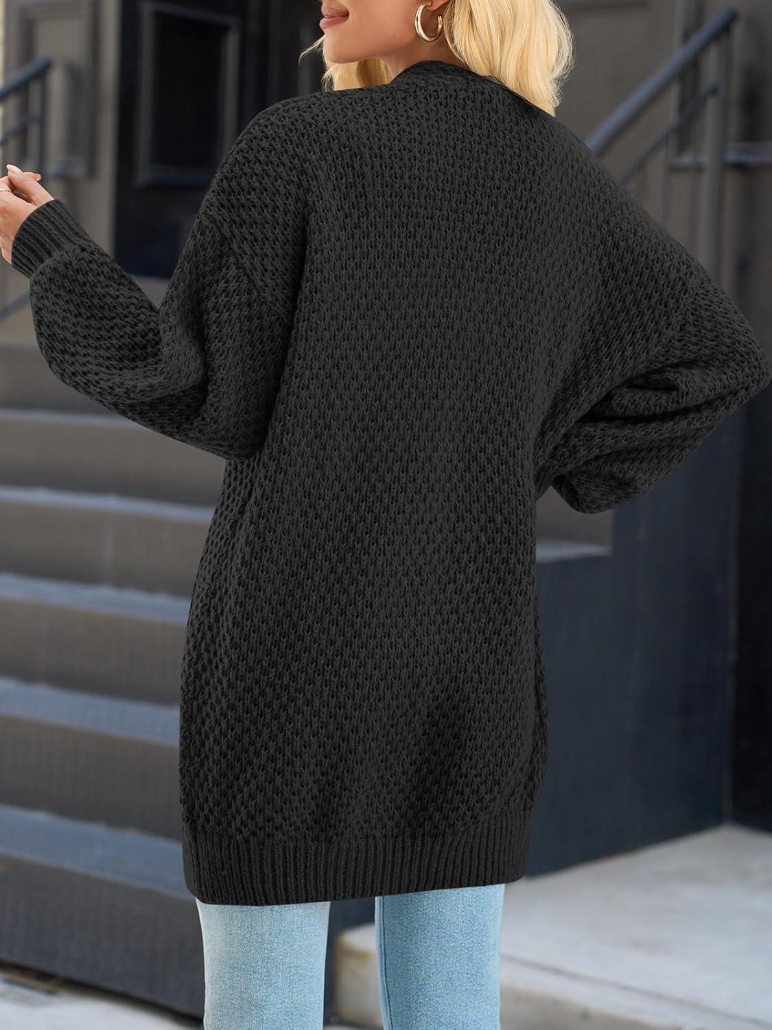 imageSaodimallsu Womens Oversized Open Front Cardigans Fall Chunky Knit Lantern Long Sleeve Sweater Coats with PocketsBlack