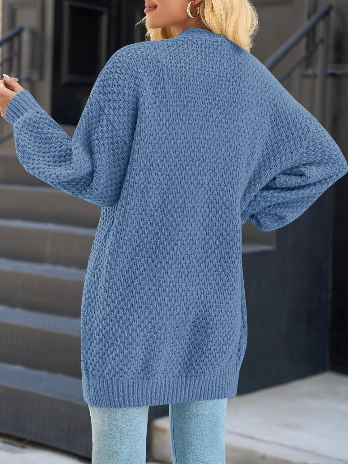 imageSaodimallsu Womens Oversized Open Front Cardigans Fall Chunky Knit Lantern Long Sleeve Sweater Coats with PocketsBlue