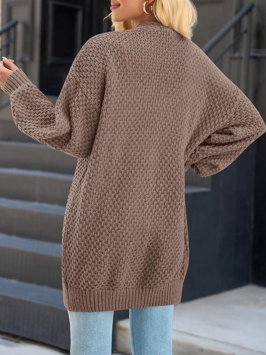 imageSaodimallsu Womens Oversized Open Front Cardigans Fall Chunky Knit Lantern Long Sleeve Sweater Coats with PocketsBrown