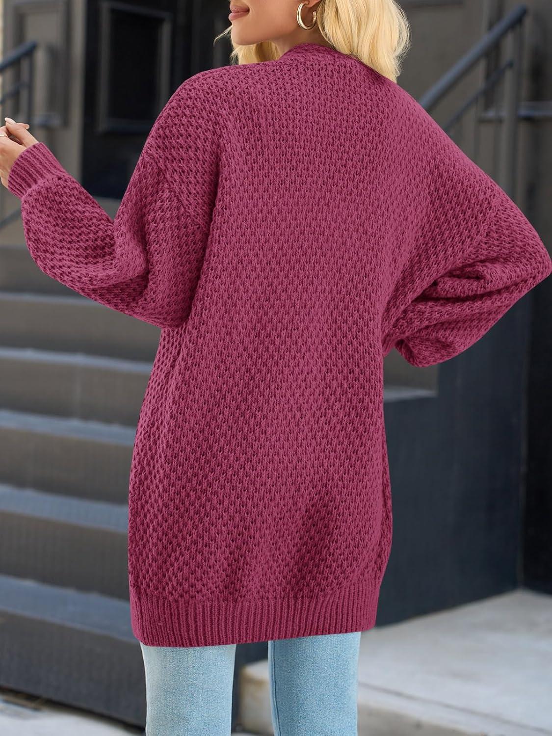 imageSaodimallsu Womens Oversized Open Front Cardigans Fall Chunky Knit Lantern Long Sleeve Sweater Coats with PocketsBurgundy