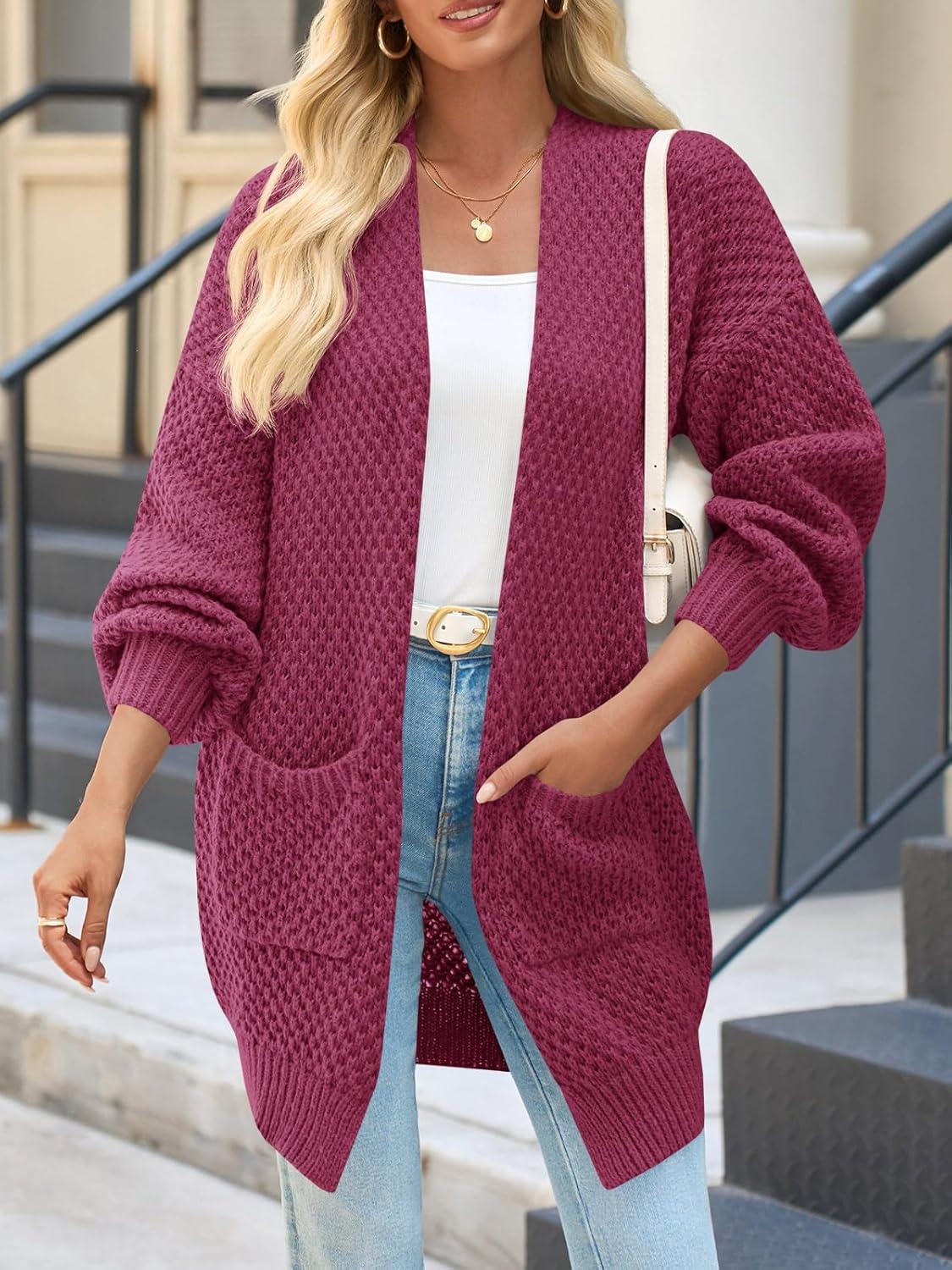 imageSaodimallsu Womens Oversized Open Front Cardigans Fall Chunky Knit Lantern Long Sleeve Sweater Coats with PocketsBurgundy