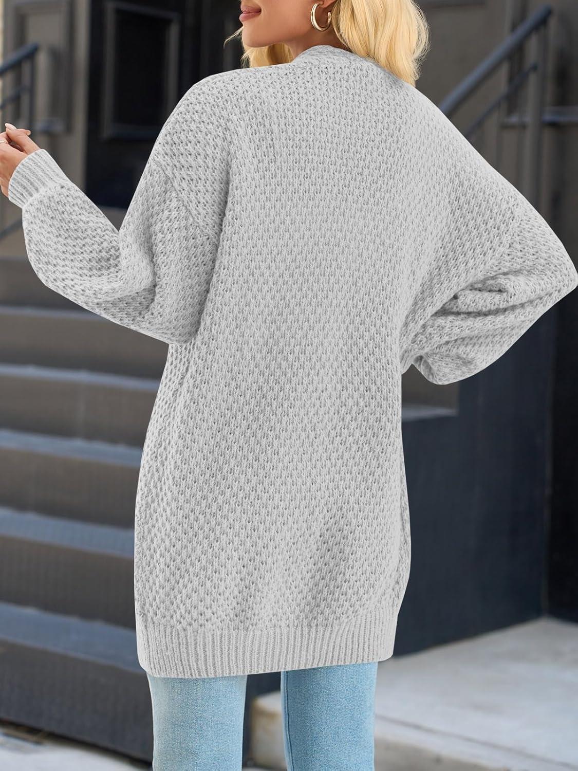 imageSaodimallsu Womens Oversized Open Front Cardigans Fall Chunky Knit Lantern Long Sleeve Sweater Coats with PocketsLight Grey